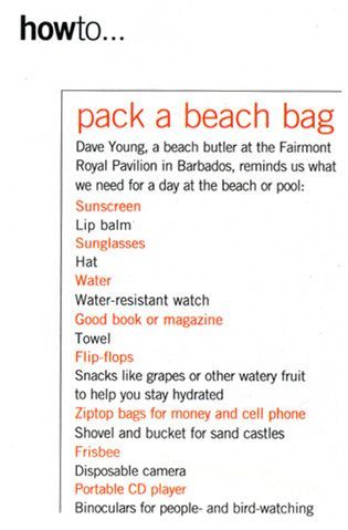List of items to pack for a beach bag, including sunscreen, water, and a frisbee.