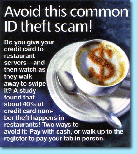 Poster about credit card theft, showing coffee with dollar sign design and text warning about servers swiping cards.