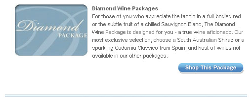 Diamond Wine Package advertisement with blue button and text about exclusive wine selection.