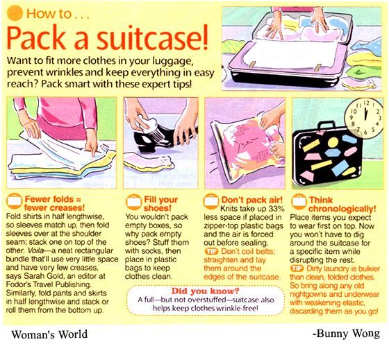 Infographic on how to pack a suitcase. Includes tips for folding, filling shoes, using plastic bags, and packing chronologically.