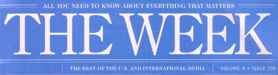 The Week magazine cover with blue background and white text.