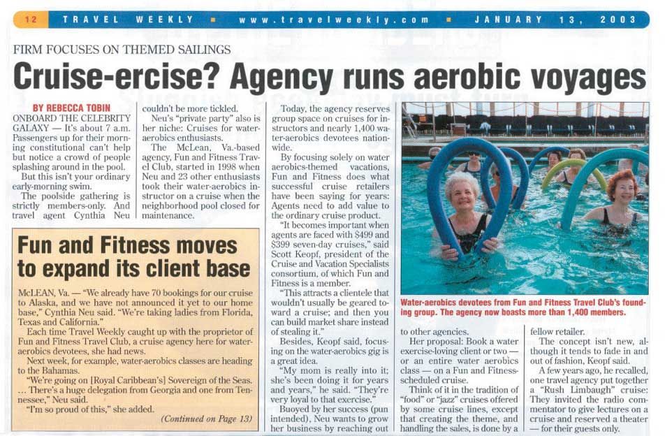 Two women in a pool doing aerobics with blue hoops. Text above says 