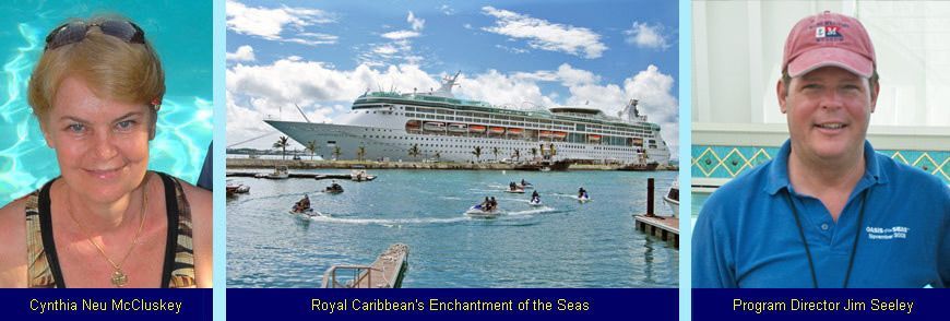 Woman, cruise ship, man. Woman and man portraits bookend a cruise ship at dock; turquoise water.