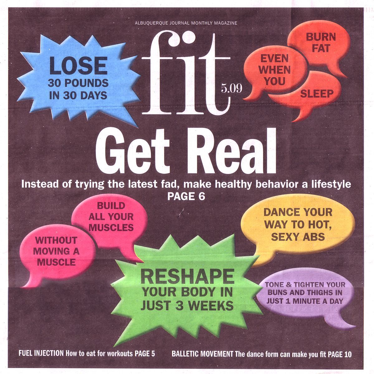 Magazine cover advertising fitness. Promises weight loss, muscle building, and body reshaping with colorful text bubbles.