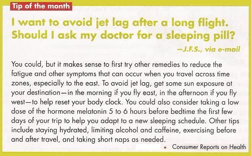 Text providing jet lag tips: sun exposure timing, melatonin use, hydration, and others.