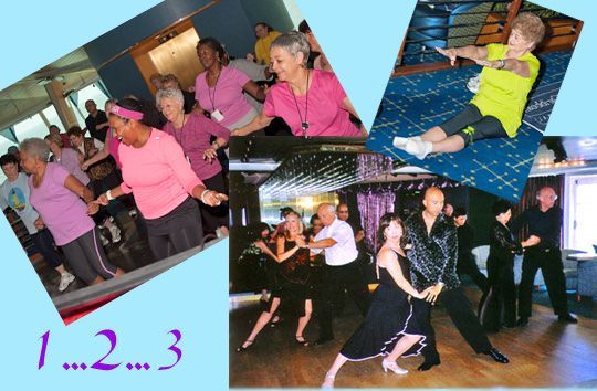 Various dance classes in a blue setting, including seniors in pink shirts, ballroom dancers, and a solo dancer.