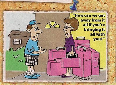 Man and woman in front of a house; woman surrounded by luggage, man looking concerned; caption: 