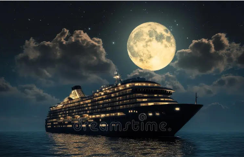 Cruise ship at night, illuminated against a full moon and cloudy sky over calm ocean.