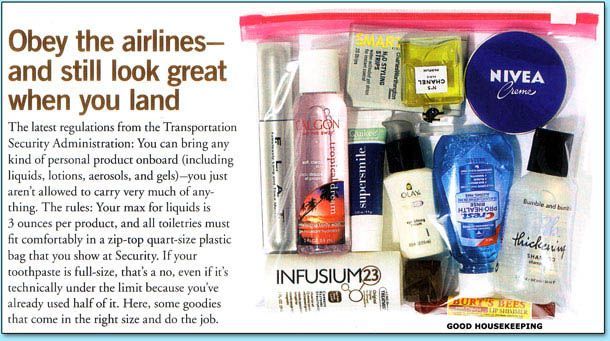 A clear plastic bag with travel-sized toiletries including cosmetics and skincare products.
