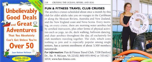 Woman holding a white life preserver, promoting a Fun & Fitness Travel Club cruise.