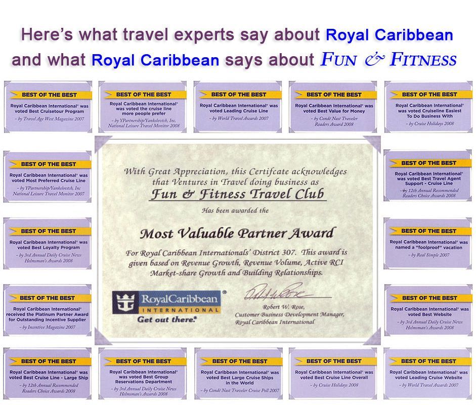 Royal Caribbean award for Fun & Fitness Travel Club, highlighting expert opinions and achievements.
