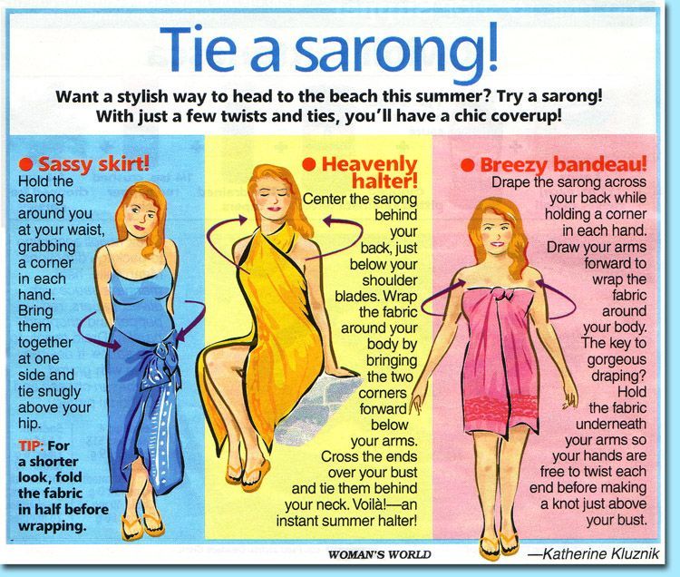 Diagram: three ways to tie a sarong - skirt, halter, and bandeau, with illustrations and instructions.