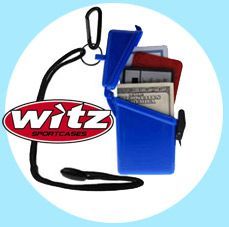 Blue Witz Sportcase open, holding cash and cards, with lanyard and carabiner.