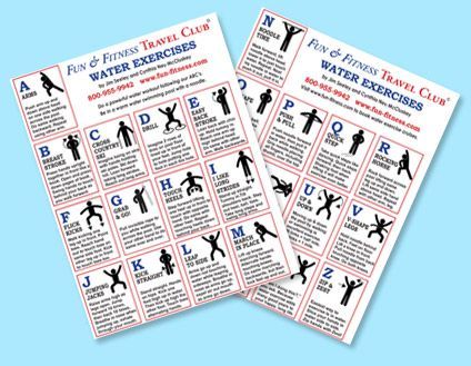 Two exercise guides for water workouts, with alphabetical exercise illustrations.