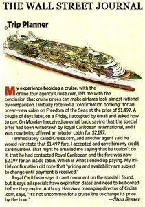 Wall Street Journal article: cruise ship cutaway illustration with text describing price changes in cruise booking.