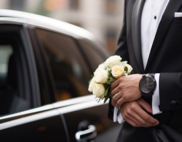 A man in a tuxedo is holding a bouquet of white roses