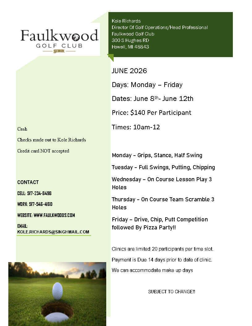 A flyer for a Faulkwood Golf Club junior camp featuring dates, daily activities, pricing, and contact information.