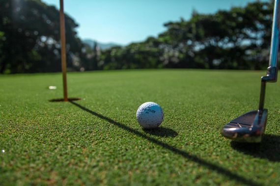 A golf ball sits on a green, positioned near a flagstick and a golf club putter, with trees in the blurred background.