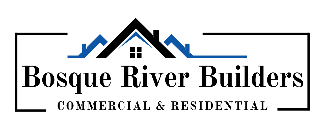 Logo for Bosque River Builders, featuring a black roof, blue house outlines, and the company name.