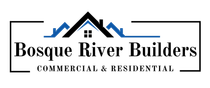 Logo for Bosque River Builders, featuring a black roof, blue house outlines, and the company name.