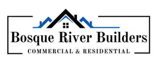 Logo for Bosque River Builders, featuring a black roof, blue house outlines, and the company name.