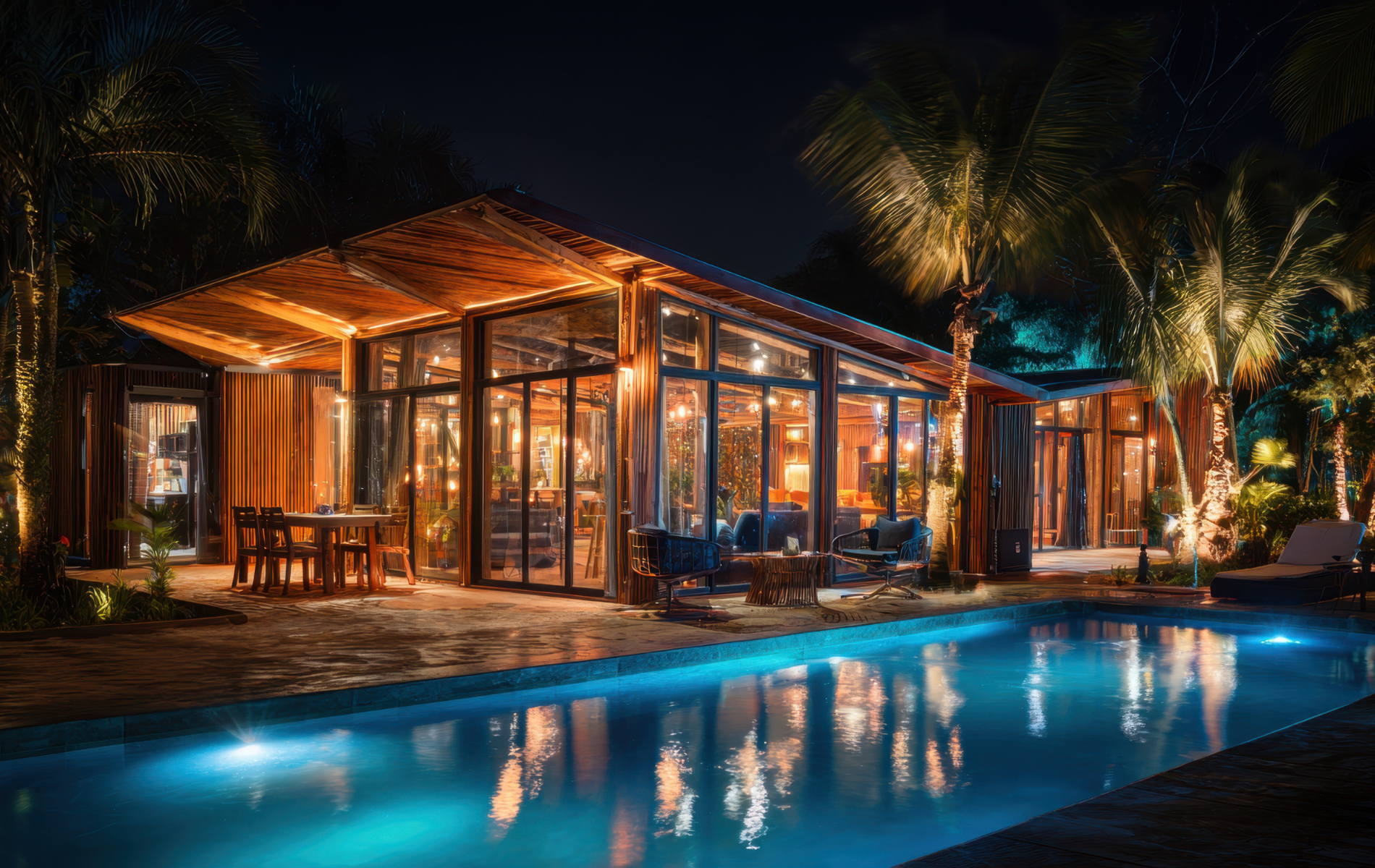 Lit-up modern cabin by a pool at night. Palm trees, reflecting in the water. Warm interior lighting.