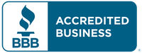 BBB Accredited Business logo: Torch icon, blue and white colors.