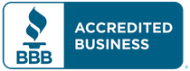 BBB Accredited Business logo: Torch icon, blue and white colors.