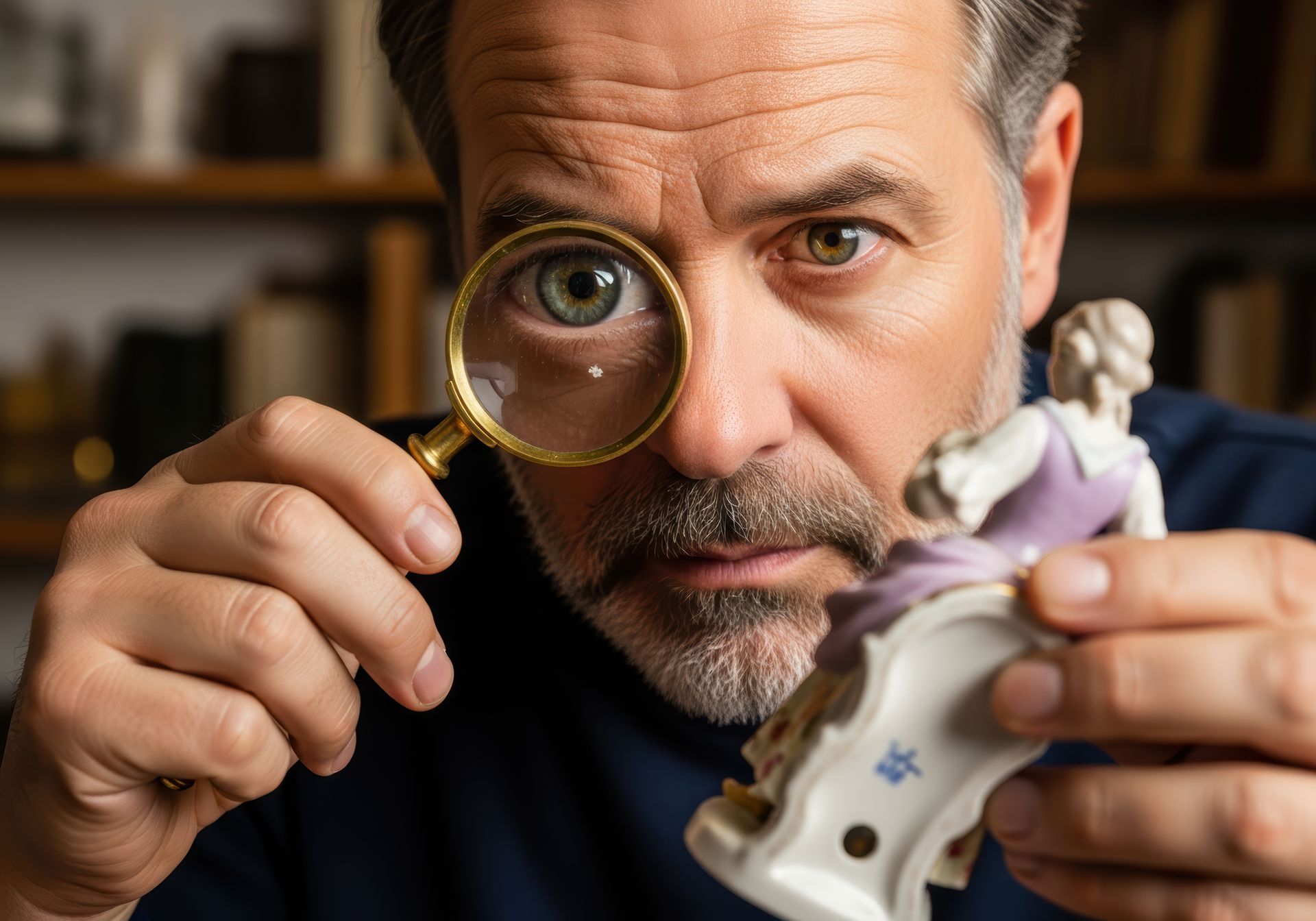 A certified article appraiser uses a magnifying glass to inspect a vintage porcelain figurine.