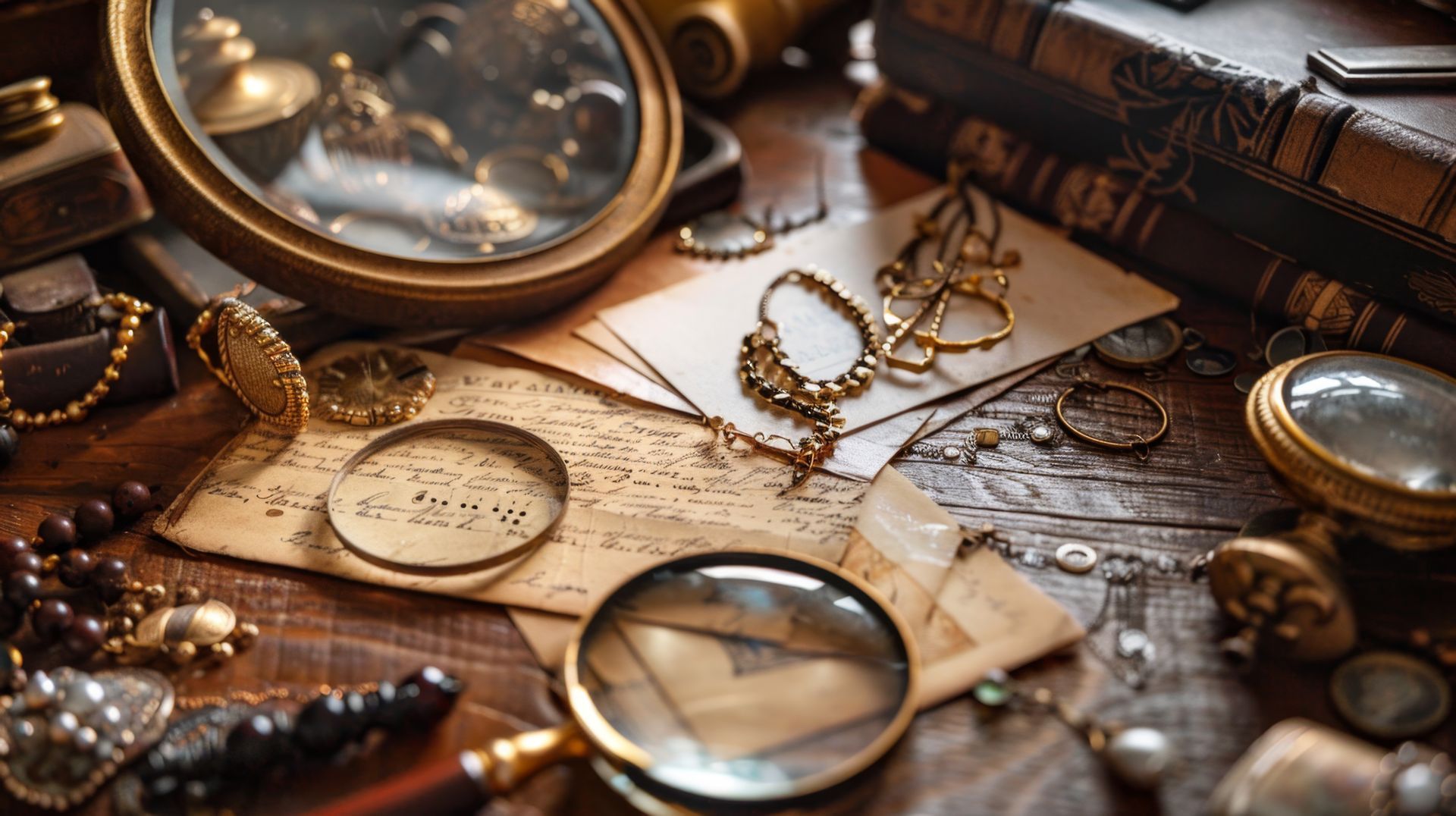Historical letters and heirloom jewelry awaiting review by a certified article appraiser.