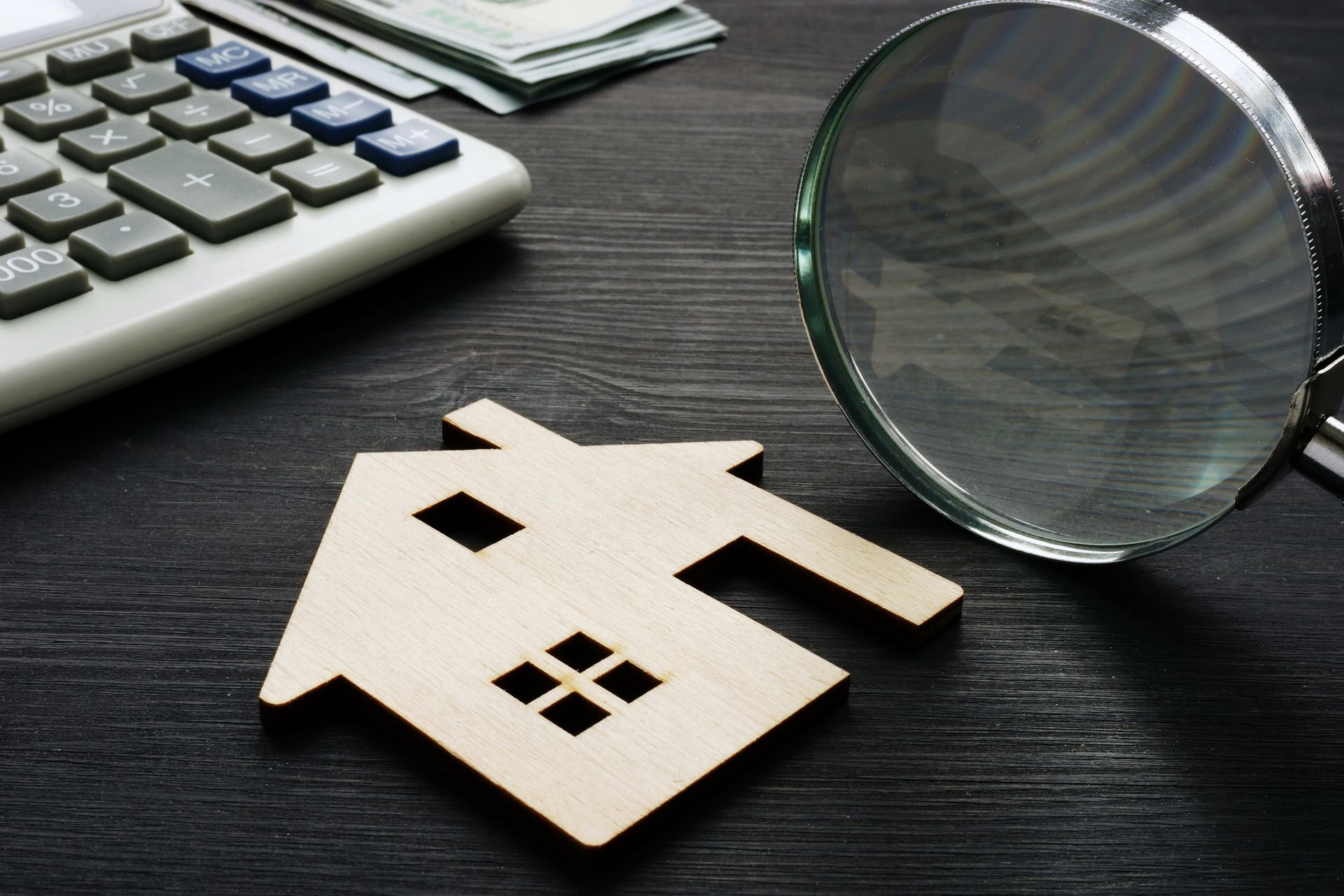 Magnifying glass and calculator beside house cutout symbolize property appraisal process. Magnifying glass and calculator beside house cutout symbolize property appraisal process.
