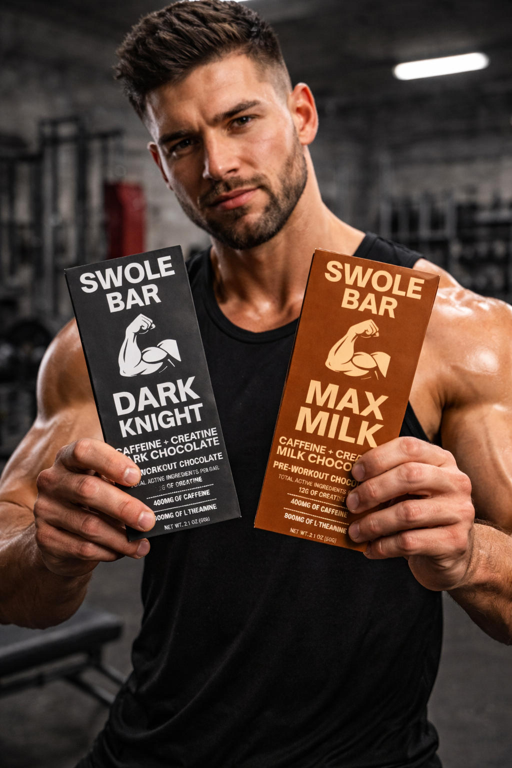Swole Bar pre-workout chocolate bar, whey protein, l-theanine, creatine, caffeine, post workout, sustained energy for exercise, energy bar,  protein bar, nutrition bar, best pre-workout bar, pre-workout snack
