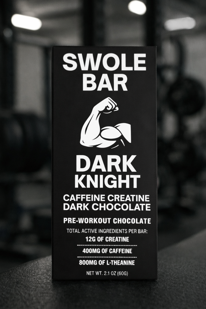 Swole Bar pre-workout chocolate bar, whey protein, l-theanine, creatine, caffeine, post workout, sustained energy for exercise, energy bar,  protein bar, nutrition bar, best pre-workout bar, pre-workout snack