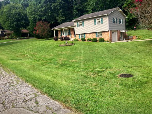House with a large grassy lawn on a slight incline, surrounded by trees.