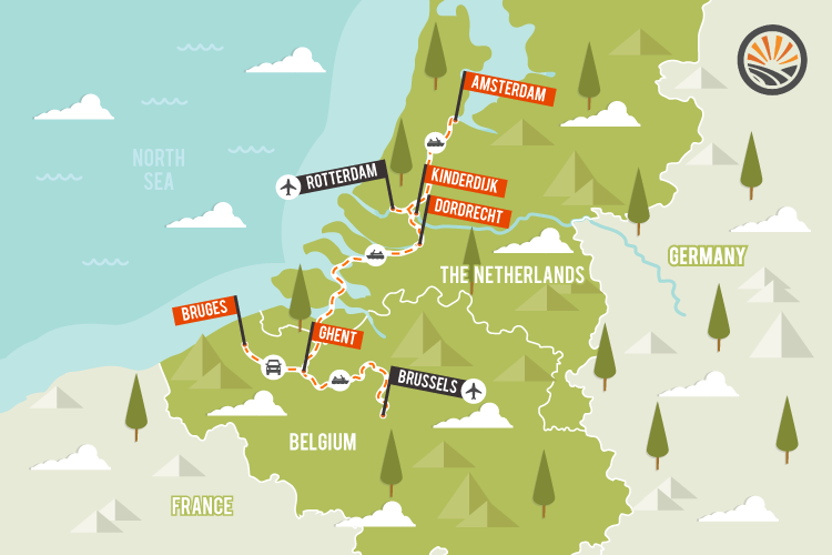 A map of the netherlands with flags on it