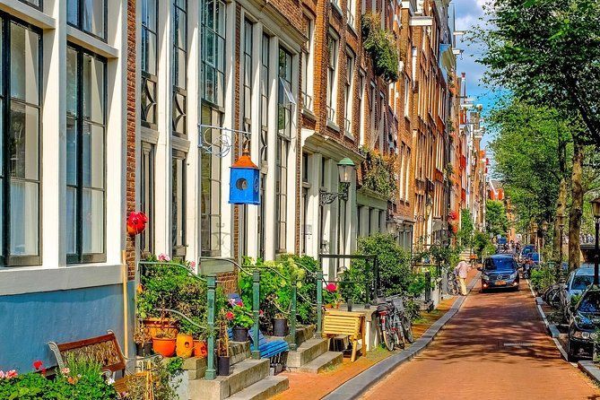 Row of brick buildings with white-framed windows, Amsterdam. Red brick road, parked cars, and greenery.