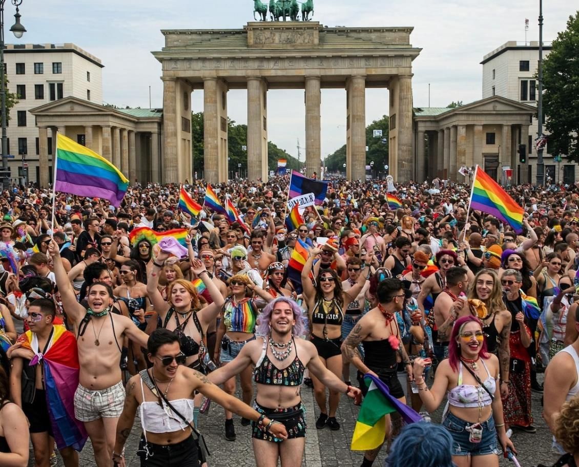 Crowd celebrating at Berlin Pride with rainbow flags in front of the Brandenburg Gate.