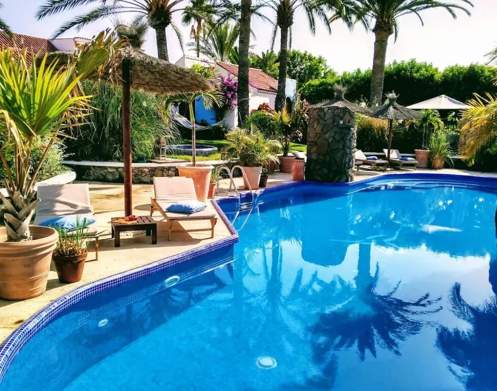 A large swimming pool surrounded by palm trees and chairs