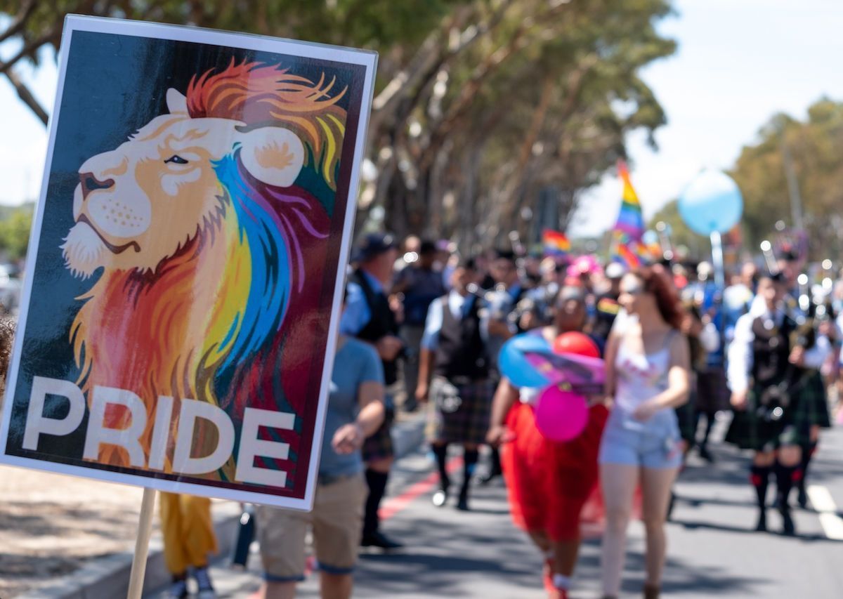 Sign with rainbow lion and