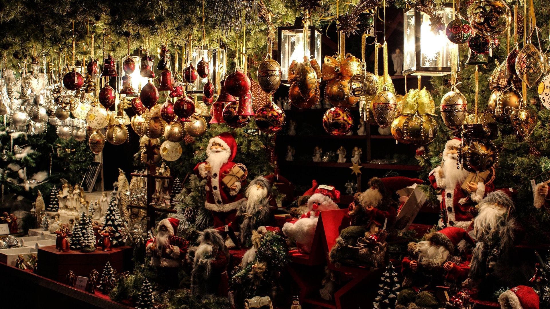Christmas display with ornaments, Santa figures, and festive decor. Copenhagen