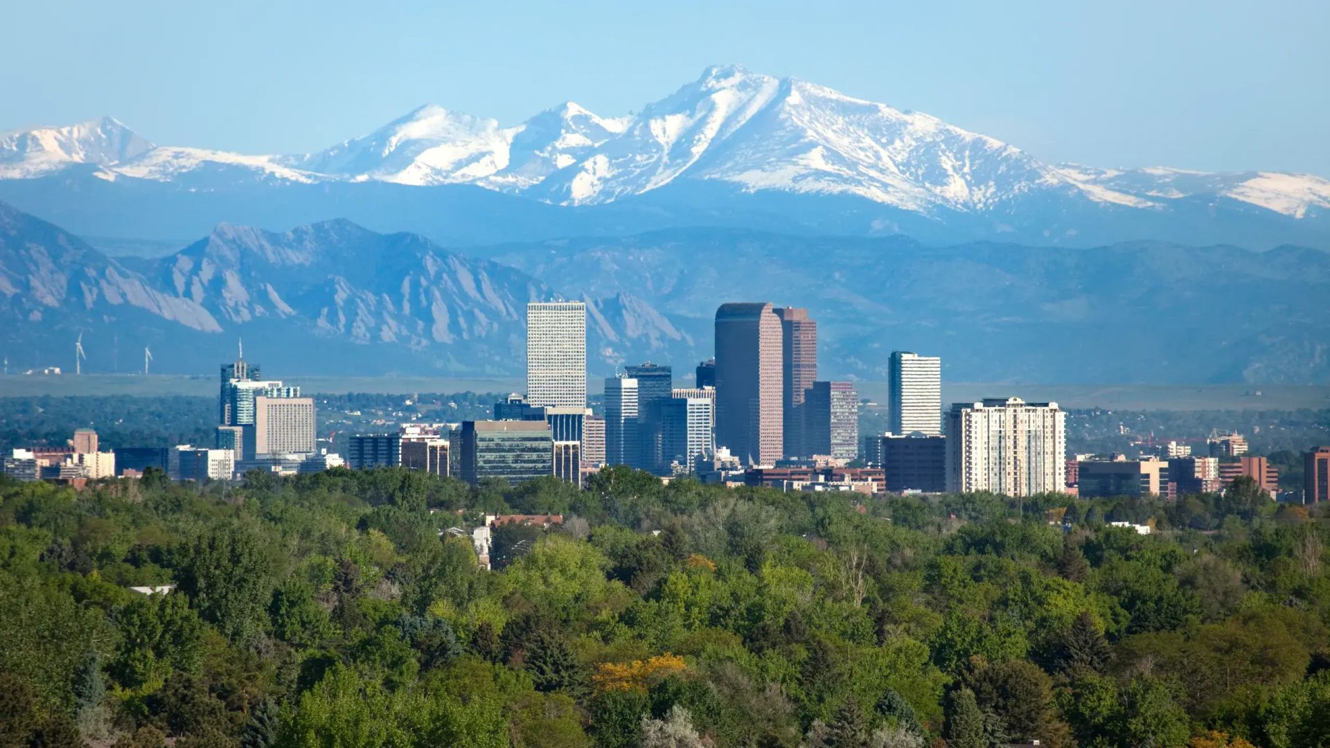 Denver skyline with snow-capped mountains in the background, set against a blue sky, green trees in foreground.
