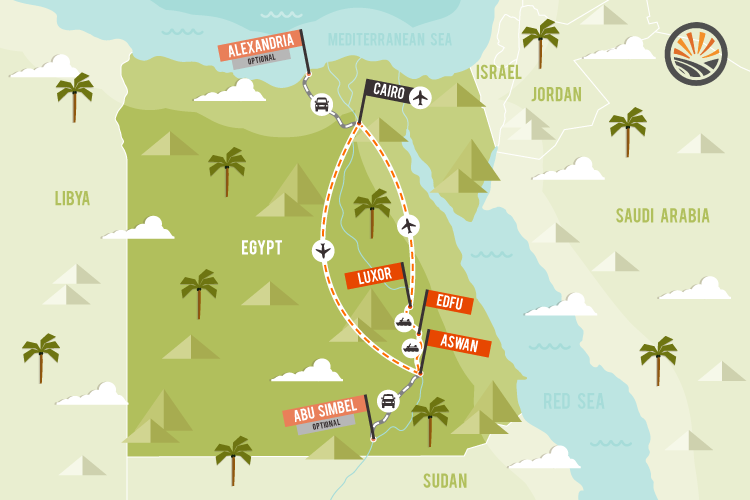 A map of egypt with palm trees and mountains
