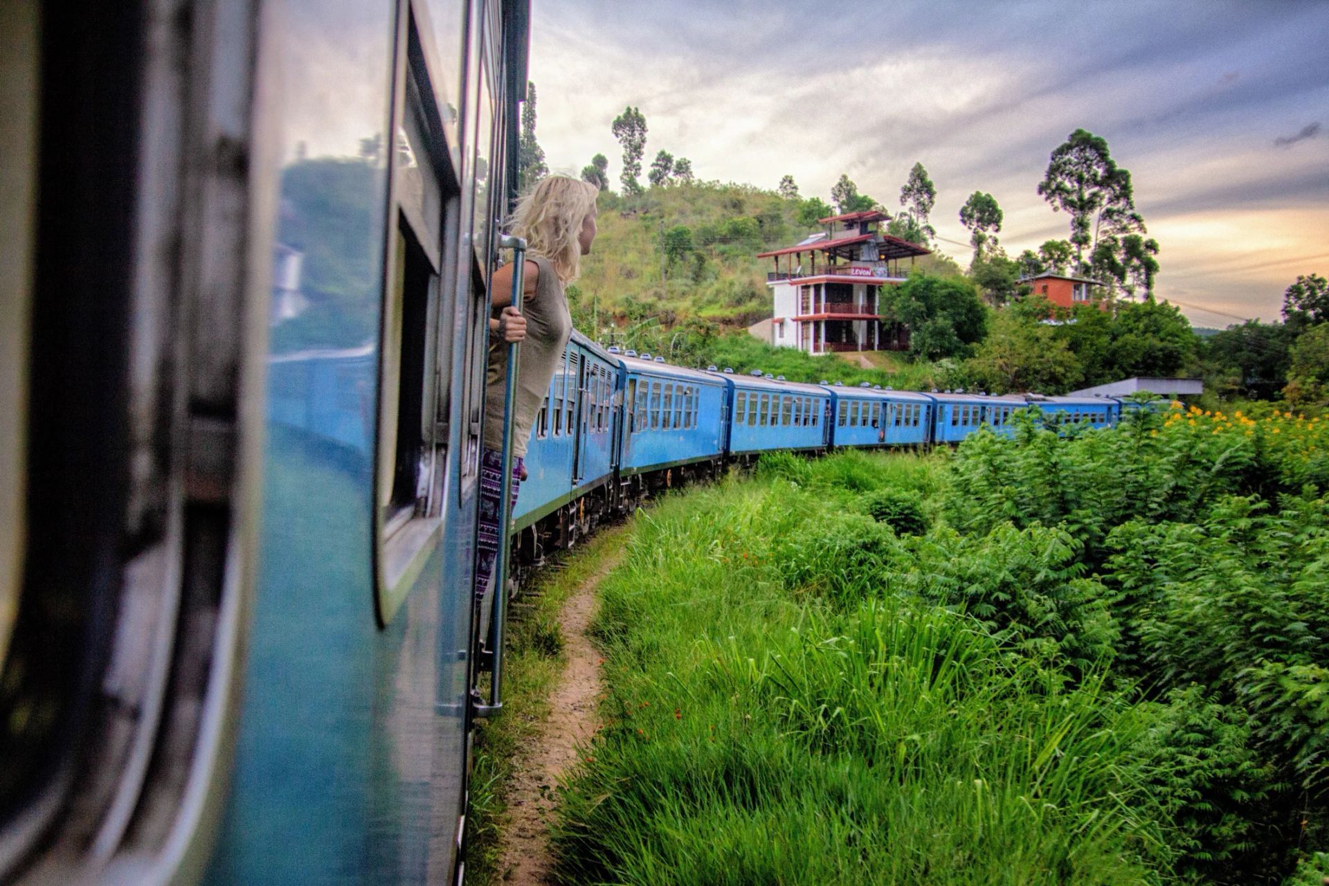 Blue train winding through lush green landscape, person leans out window.