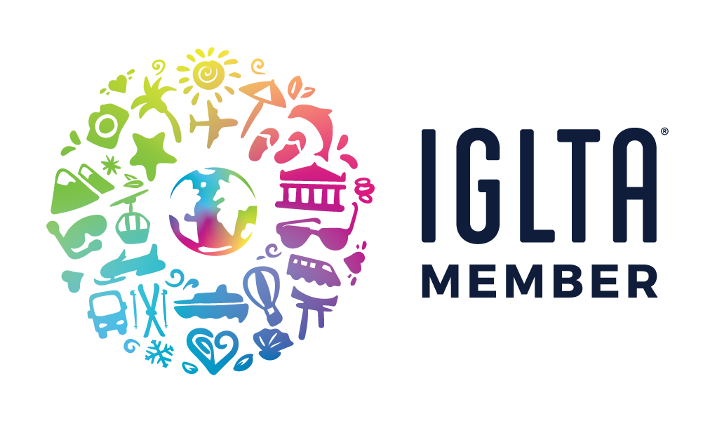 A logo for iglta member with a rainbow of icons in a circle.