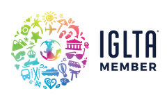 A logo for iglta member with a rainbow of icons in a circle.