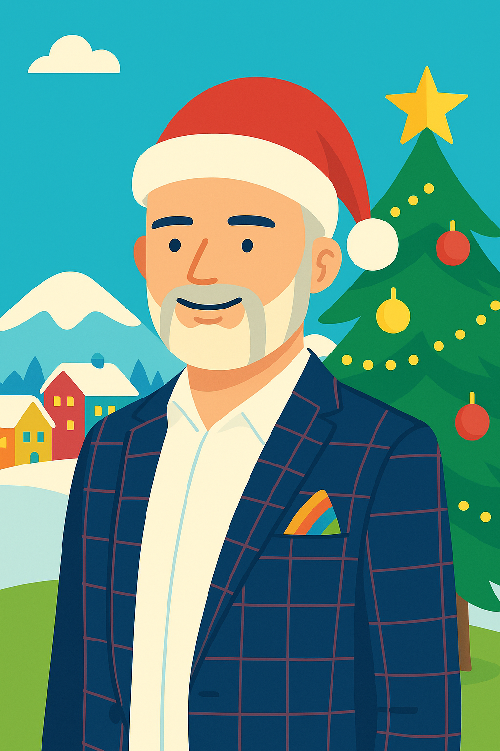 Jamie wearing a Santa hat and plaid blazer, in front of a Christmas tree and snowy village.