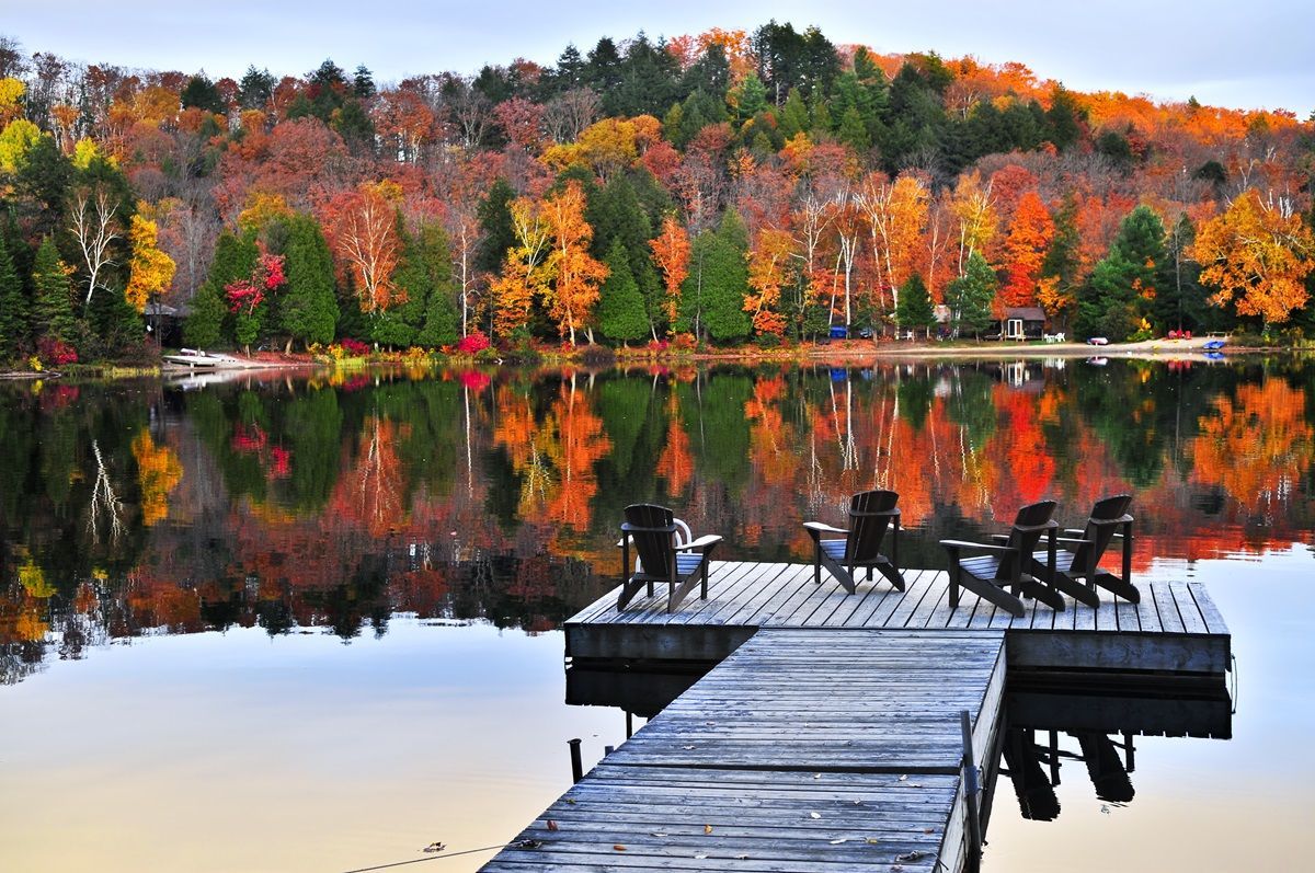 Wooden dock with chairs overlooking a lake reflecting fall foliage. as Ontario’s Algonquin Park Canada