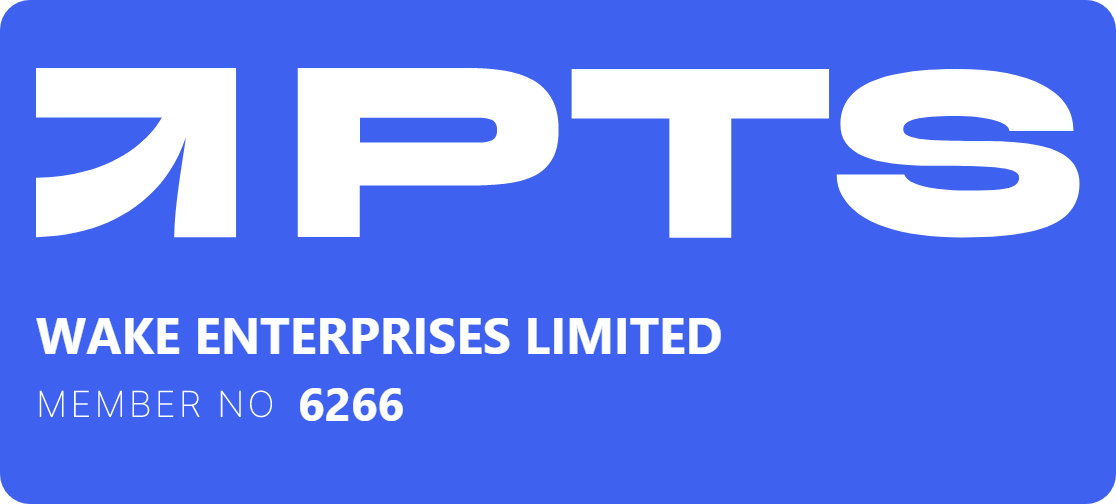 A blue sign that says ' wake enterprises limited ' on it