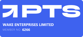 A blue sign that says ' wake enterprises limited ' on it