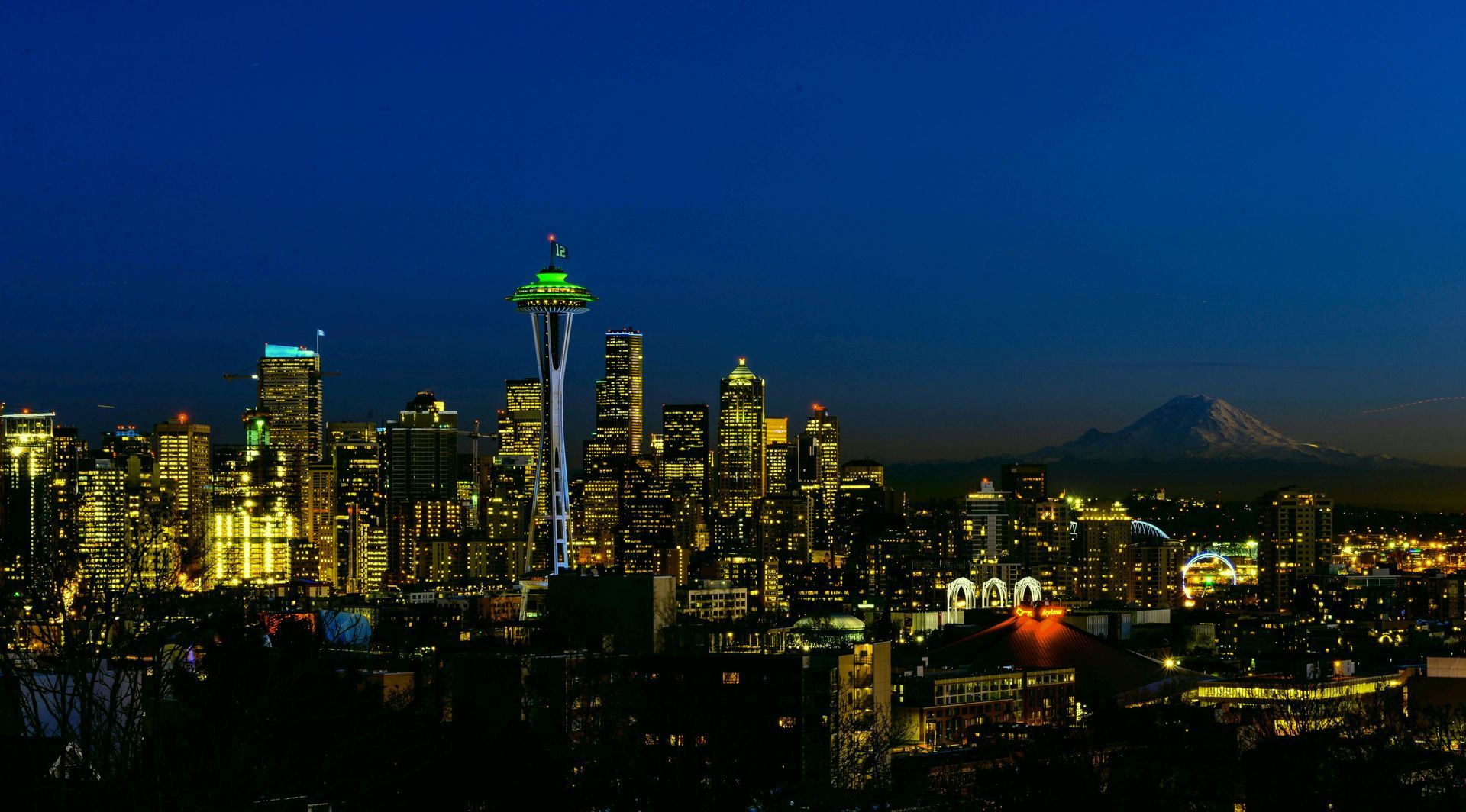 Seattle skyline at night, Space Needle prominent, city lights illuminate buildings, Mount Rainier visible in distance.